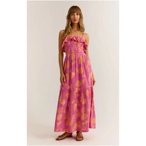 Z Supply Floral Midi Dress Women M Pink Orange Smocked Gauze Boho Cottagecore
